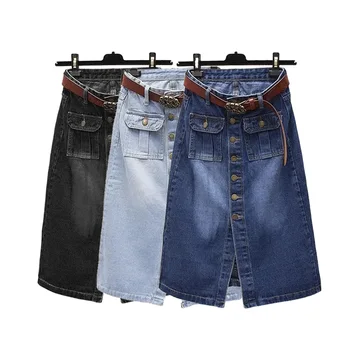 Jupe mi-mollet en denim bleu pour femme, jupe décontractée taille haute avec ceinture, ligne A, mode coréenne, simple boutonnage