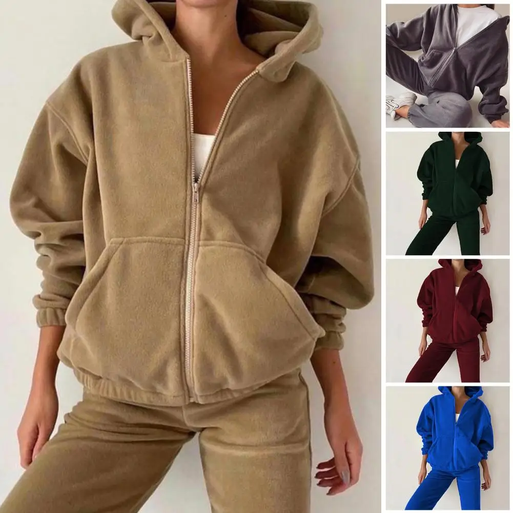 

2Pcs/Set Long Sleeves Zipper Placket Cuffs Women Tracksuit Suit Fall Winter Hooded Sweatshirt Jogging Pants Set Streetwear