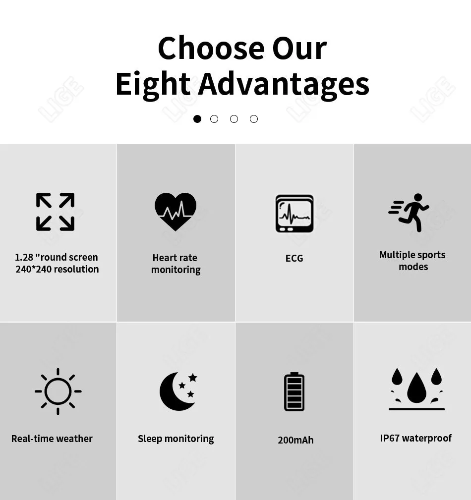 2022 LIGE 1.28-inch Smart Watch Men Heart rate ECG Monitor Sport IP67 Waterproof Watches Real-time Weather men women Smartwatch