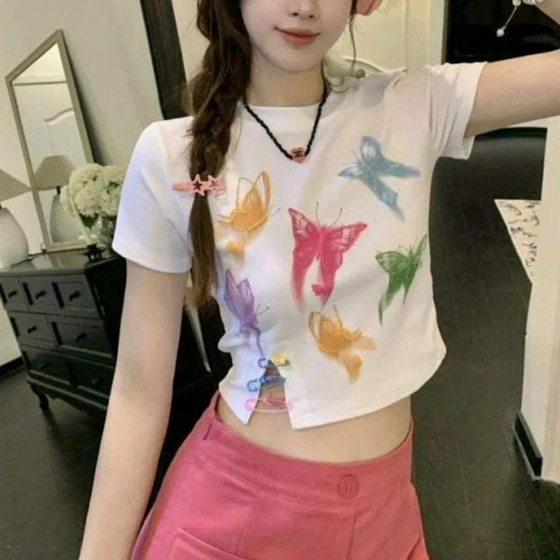 

Женская футболка с круглым вырезом, коротким рукавом и принтом бабочки