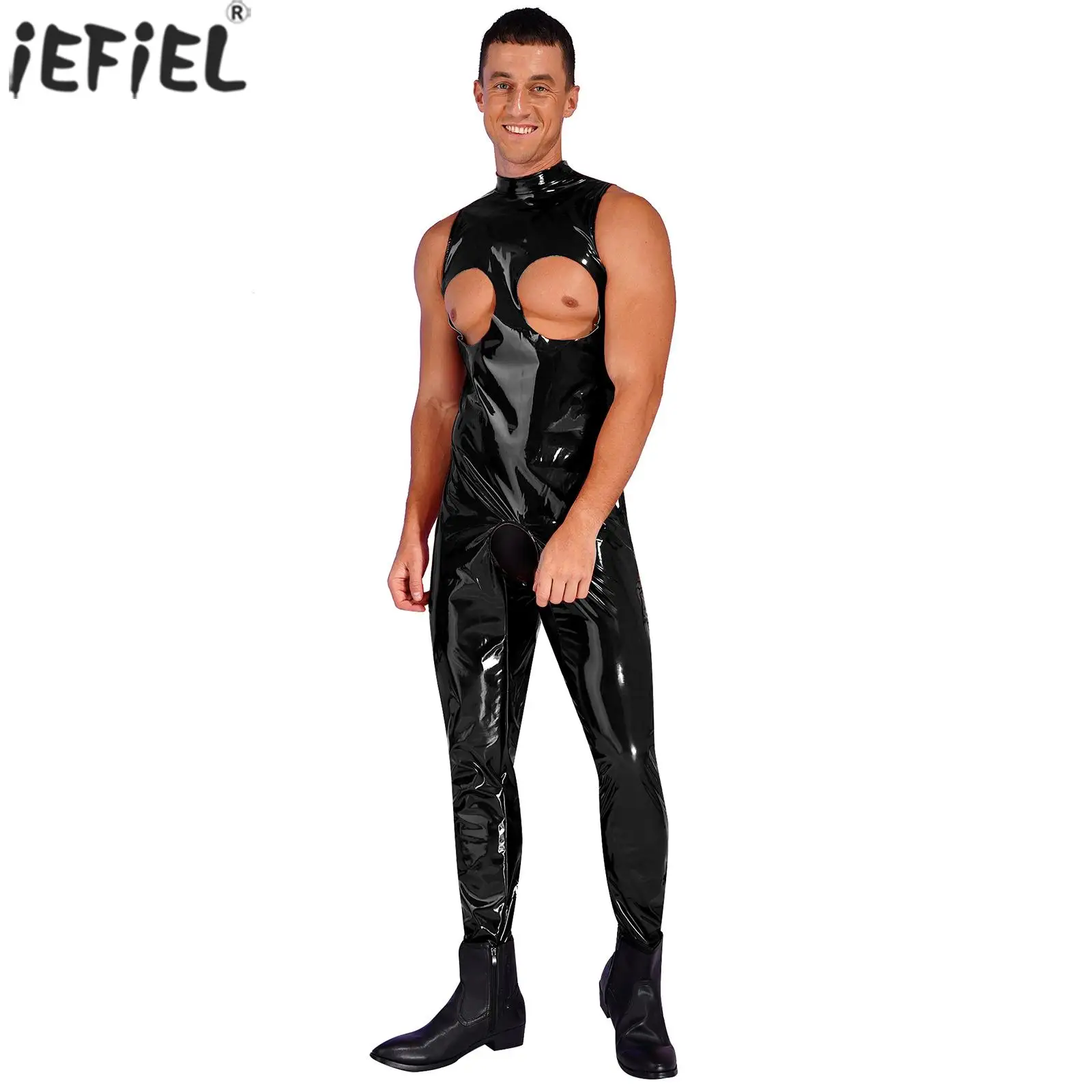 

Mens Glossy Shiny Wetlook Patent Leather Open Cups Crotchless Bodysuit Underwear Sleeveless Skinny Leotard Jumpsuits Clubwear