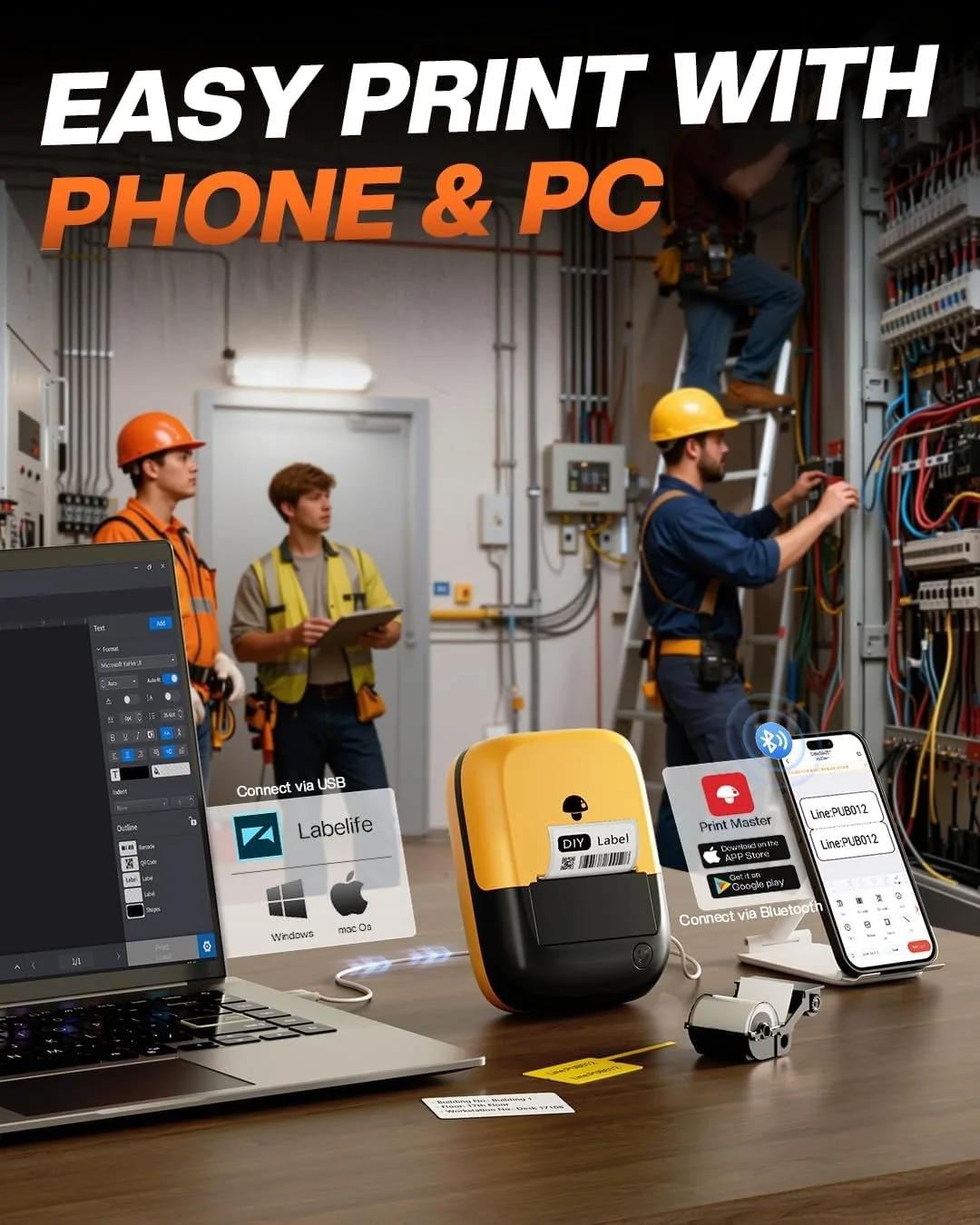 2인치 휴대용 산업용 라벨 프린터 포모모 블루투스 라벨 메이커 E50 모바일 앱 및 PC 지원 2600mAh 충전식 배터리