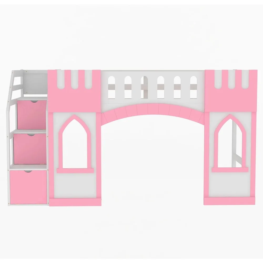 Twin Size Loft Bed with Storage Staircase and Window, Wood Playhouse Bed Frame with Storage for Boys, Girls 3