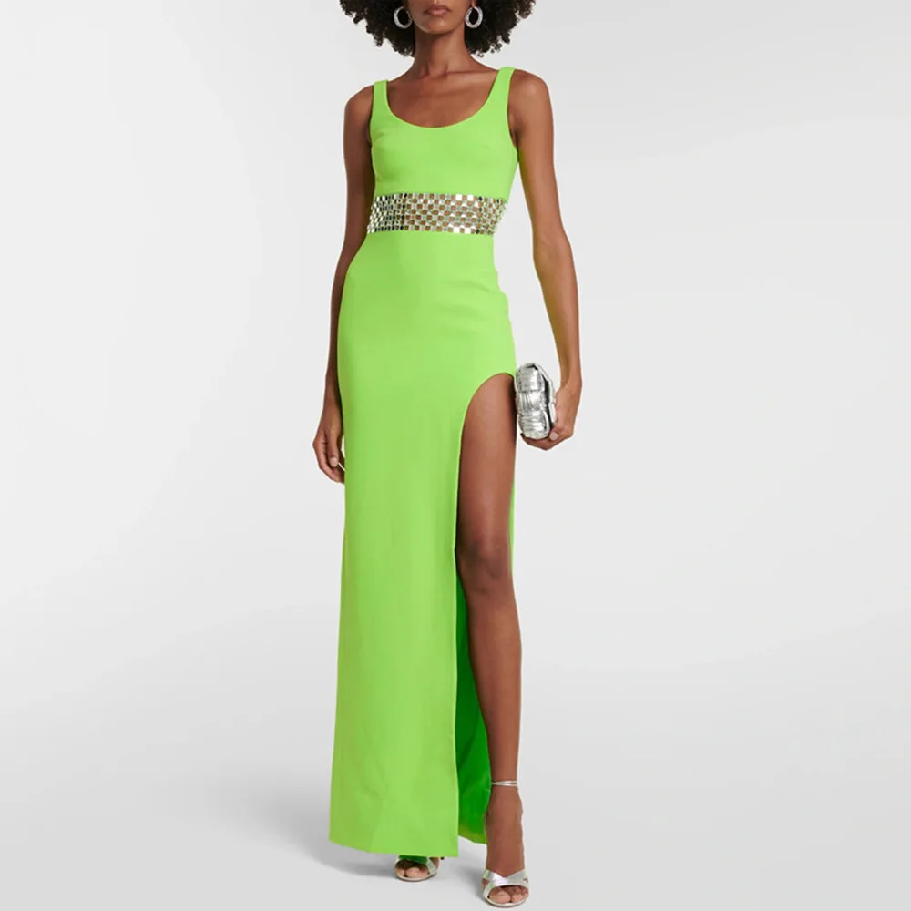 

Новинка 2023, модное женское платье без рукавов, сексуальное облегающее длинное платье с круглым вырезом и высоким разрезом, элегантное вечернее платье со стразами и поясом