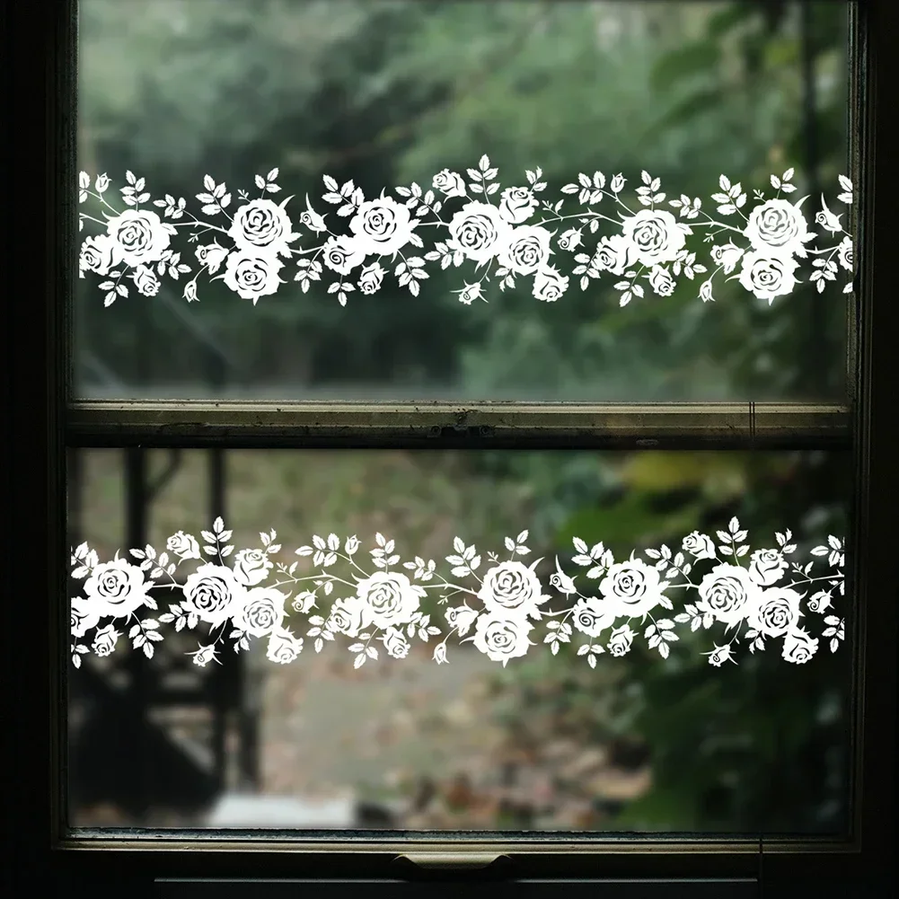 Lace Border Window Sticker Transparent White Flower Rattan Wall Sticker Waist Line Stickers For Glass Door Home Bathroom Decor