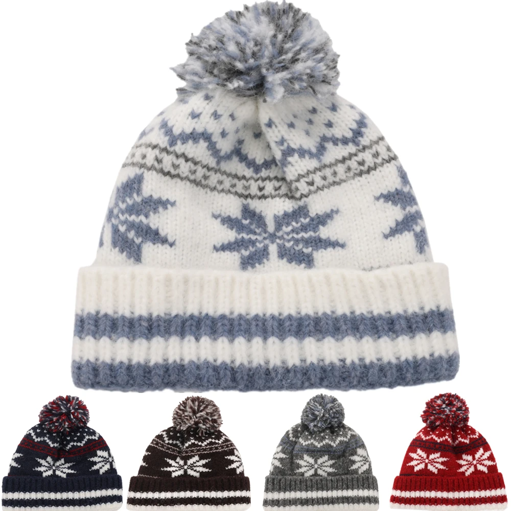 New Style Classic Snow Flake Jacquard Winter Hats Winter Warm Pompoms Beanie For Women Solid Color Winter Knitted Hat