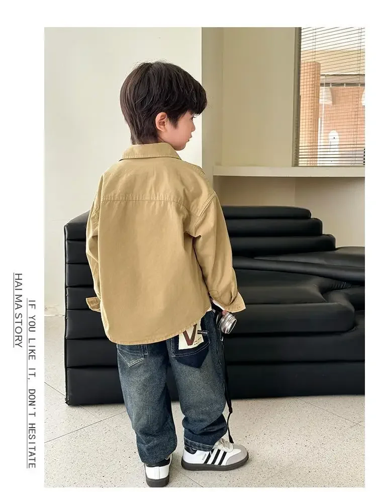Spring Autumn Childrens Outerwear Teen Boys Shirt Solid Cotton Pocket Baby Boys Coat Single Breasted Kids Tops 3-12Y