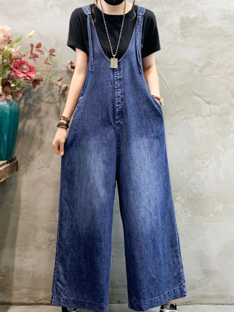 

New Vintage Solid Color Personalized Denim Overalls Women's Fashion High Waisted Streetwear Straight Jumpsuit One Piece Pants