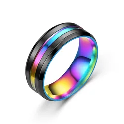 Black Titanium Stainless Steel Ring with Rainbow Groove - Trendy Jewelry Accessory Gift - 8 (Colorful)