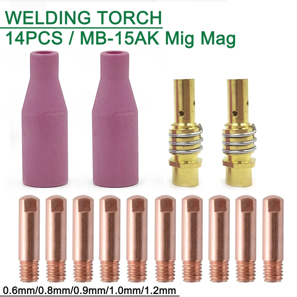 14Pcs/Lot MB-15AK Welding Torch Consumables 0.6/0.8/0.9/1.0/1.2mm Contact Tips Gas Ceramic Nozzle For 15AK MIG MAG | Инструменты