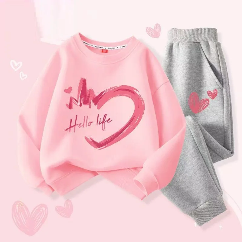 Autumn Baby Girls Clothes Set Heart Printed Sweatshirts Pullover Top Pants 2 Pieces Suit Children Sweet Tracksuits