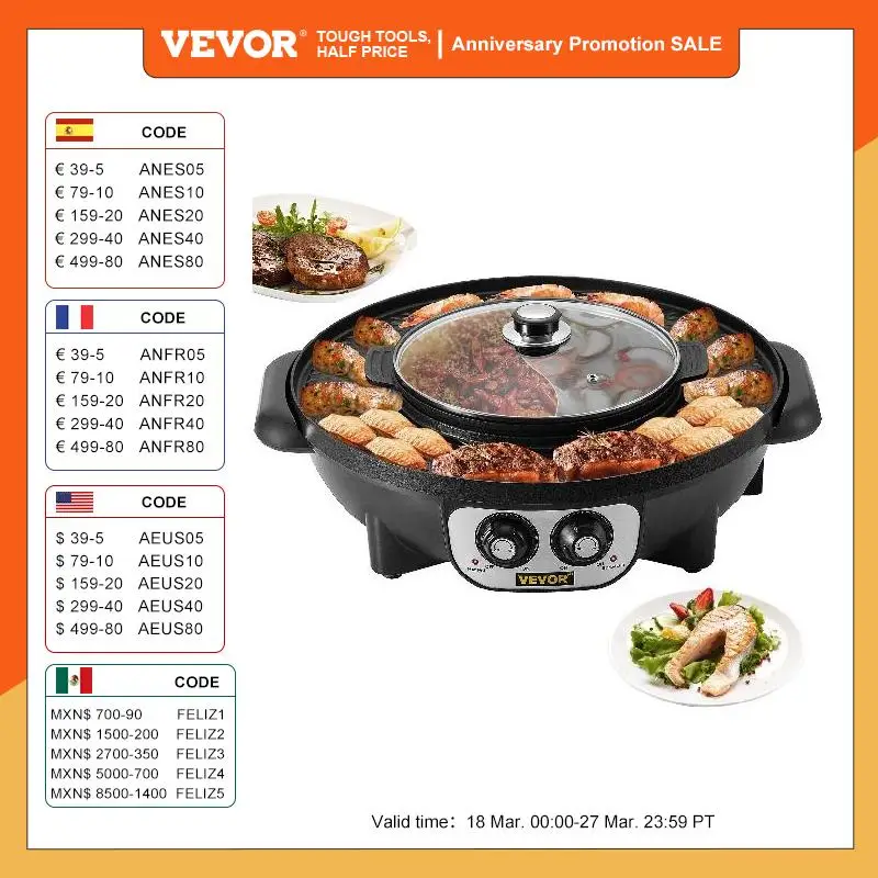 

VEVOR 2 in 1 Electric Hot Pot BBQ Grill 2200W Multifunction Portable Home Non-Stick Split Pot Smokeless Skillet Barbecue Pan