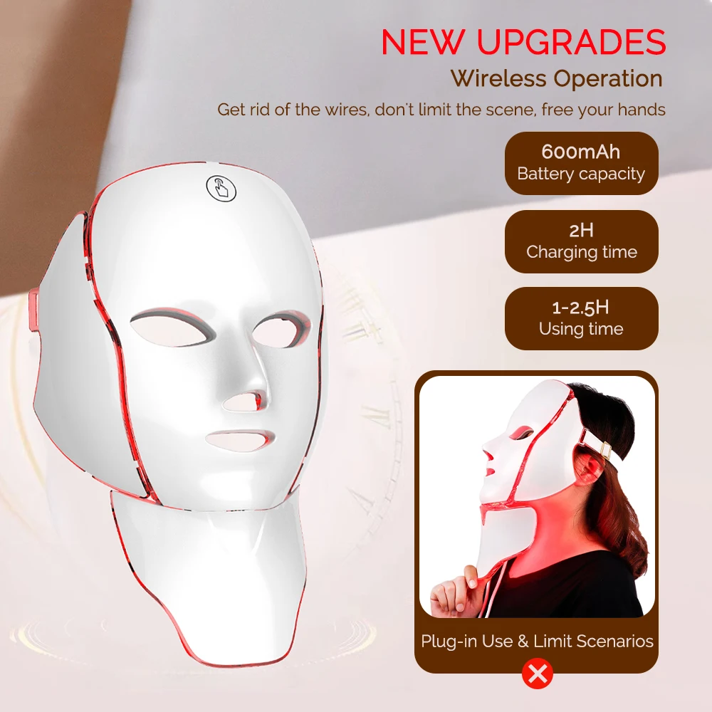 Foreverlily 7 Colors Light LED Facial Skin Care Mask With Neck Skin Rejuvenation Treatment Beauty Anti Acne Therapy Whitening