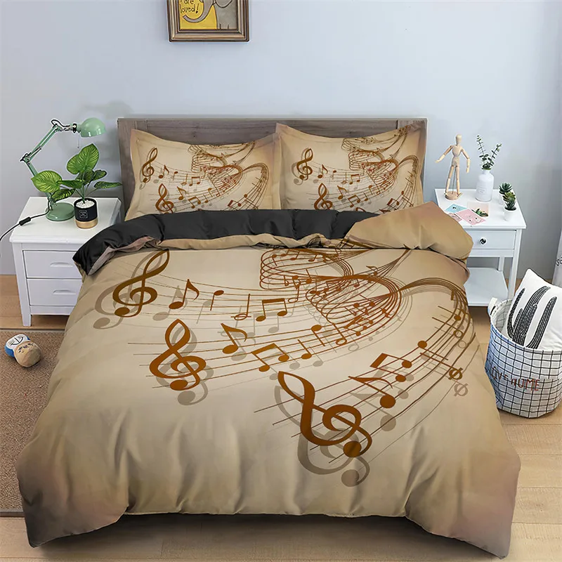 Erosebridal Musical Notes Duvet Cover Twin Set | Retro Rotating Music Print, Brown Tie-Dye, Microfiber Bedding With Zipper & Ties