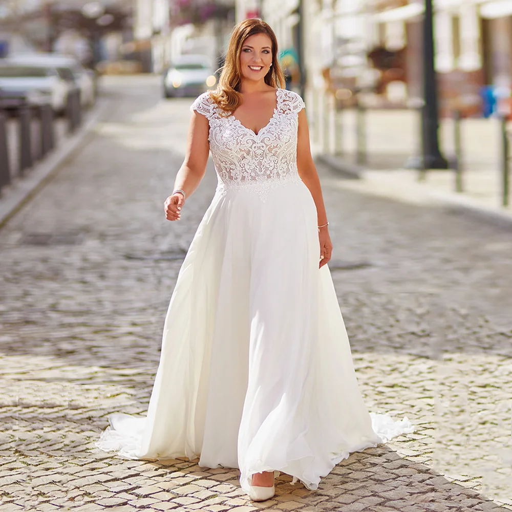 Summer Chiffon Bride Wedding Dresss Plus Size V Neck Cap Sleeve Applique Sweep Train Backless Bridal Gown Robe De Mariage