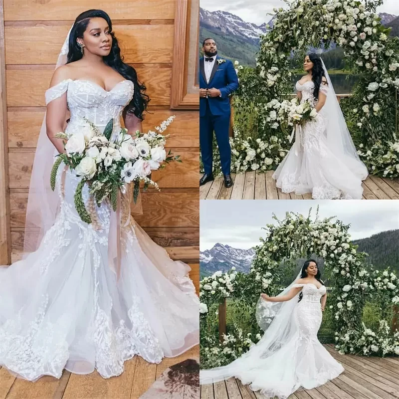 Plus Size Mermaid Wedding Dresses Off-shoulder Full Appliqued Lace Wedding Gown Backles Sweep Train Custom Made Vestidos 2023 image_2