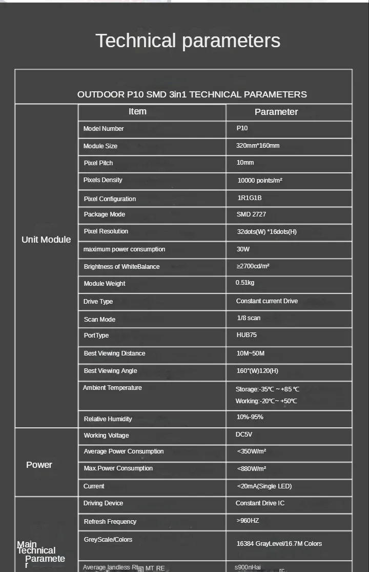 Модуль панели светодиодного дисплея P10, 320 х 160 мм, сканирование 1/8, 3в1, RGB, полноцветный