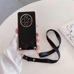 Luxury Crossbody Lanyard Plating Case with Soft Silicone Back Cover for Redmi 14c 4g 5g (ZBBGS Black)