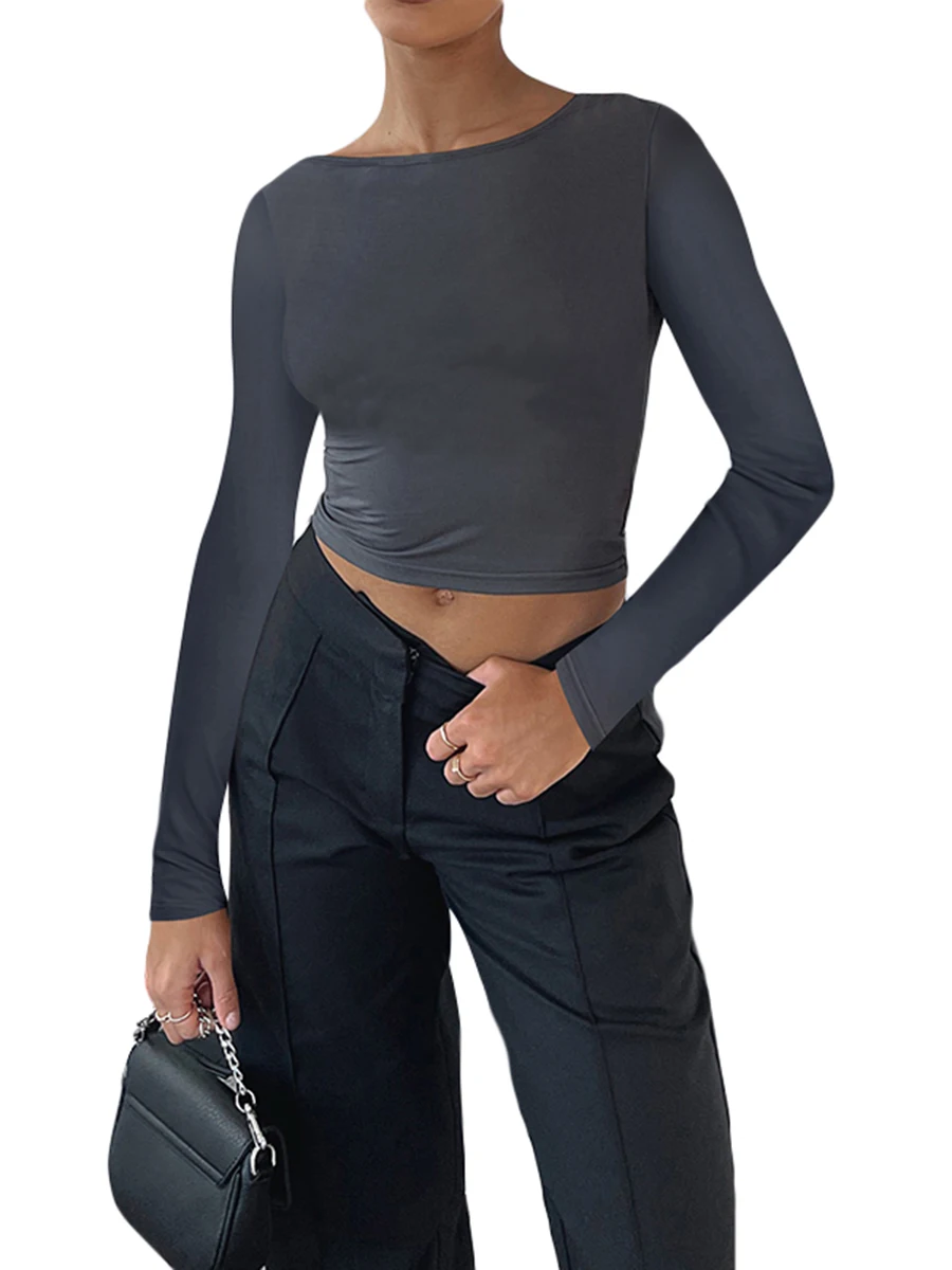 

Women's Fashion Trend Long Sleeve Cropped Tops, Solid Color Round Neck Backless Show Navel Slim T-shirt for Spring Summer