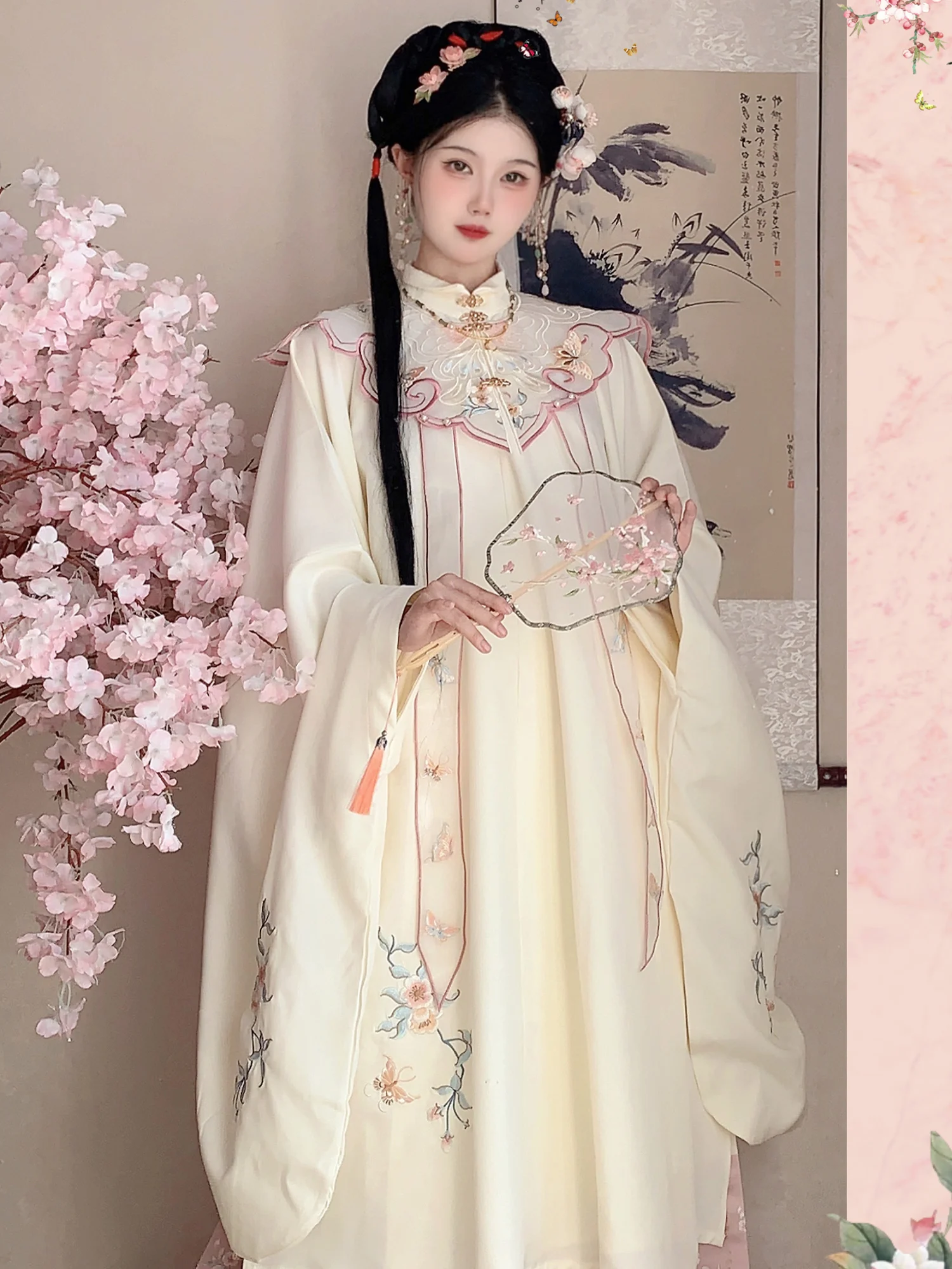 Chinese Hanfu female Ming pink stand collar shirt cloud shoulder embroidery horse face dress daily autumn and winter fairy dress