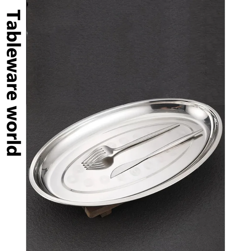 Deepened Thickened Main Dish Plate Restaurant Steamed Fish Plate Oval Seafood Grilled Skewers Barbecue Plate304 Stainless Steel