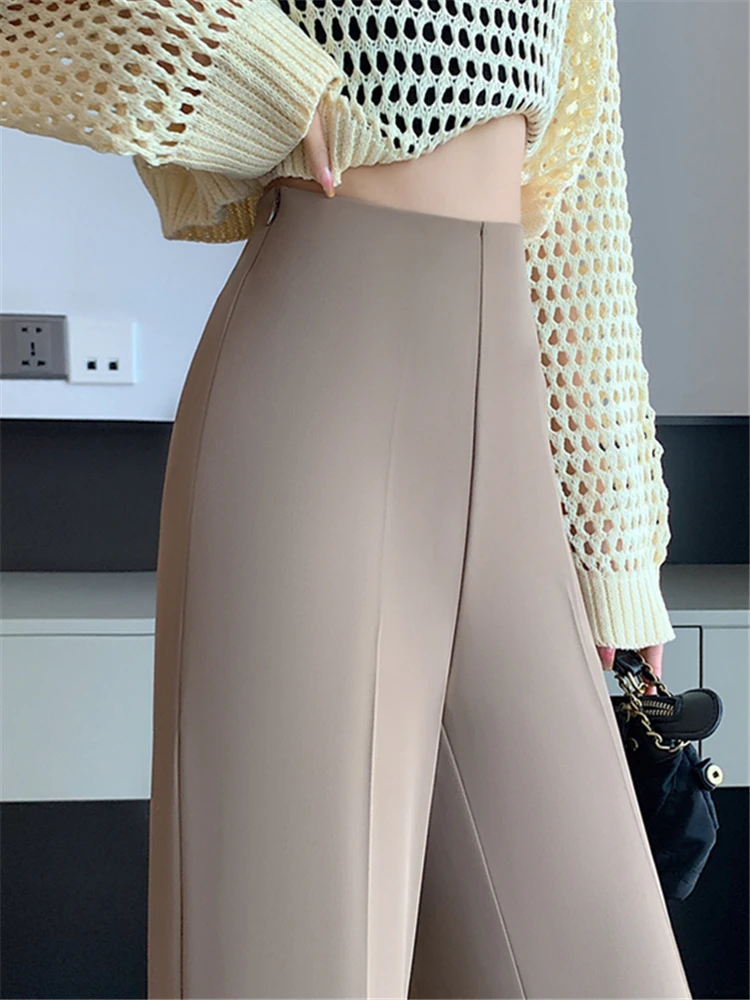 Saashi Women's Fashion High Waist Breathable Wide Leg Straight Black Coffee Suit Pants.