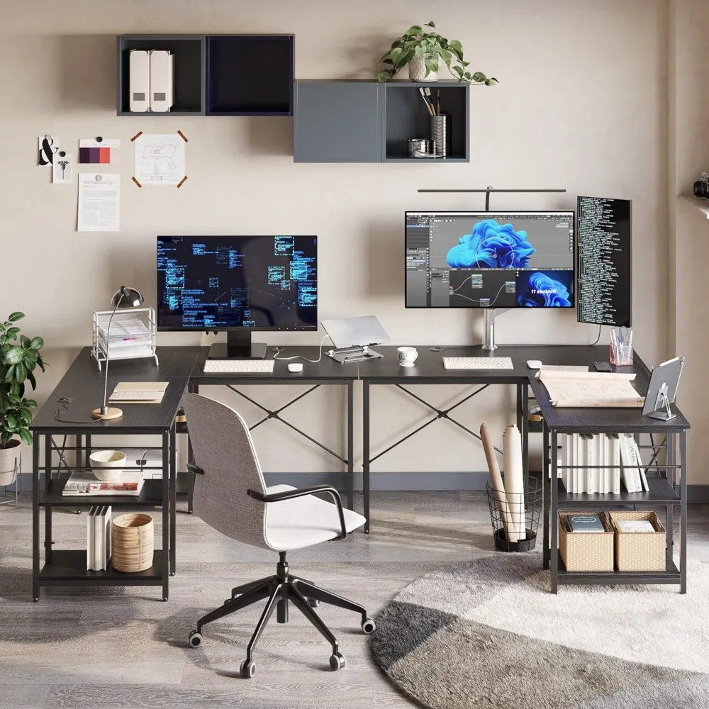 L Shaped Desk with Shelves 86 Inch Reversible for Home Office Gaming Writing Workstation with 3 Cable Holes.Corner Computer Desk 6