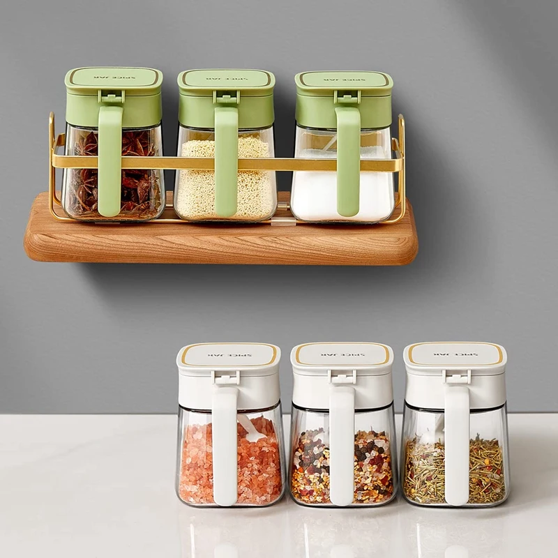 

Condiment Jar Spice Container+Lids & Spoons,Clear Glass Condiment Canisters Pots Seasoning Box Salt Container