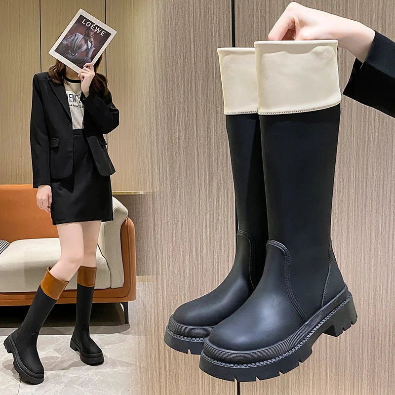 Leather Chunky Combat Boots Platform Perni Black Knee Boots Black Casual Slip on Street Runway Botas Mujer Female Designer Shoes