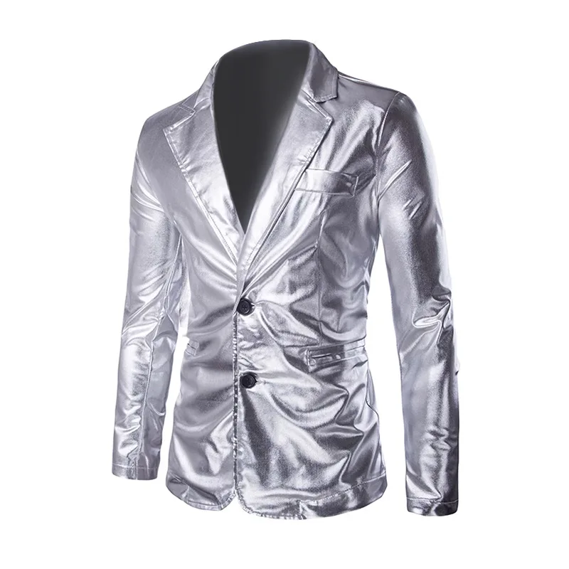 Hot Stamping Glossy Casual Suit for Men Slim Fit 2 Piece Solid Shiny Party Gold Silver Black Suit for Men Blazer Jacket & Pants 2