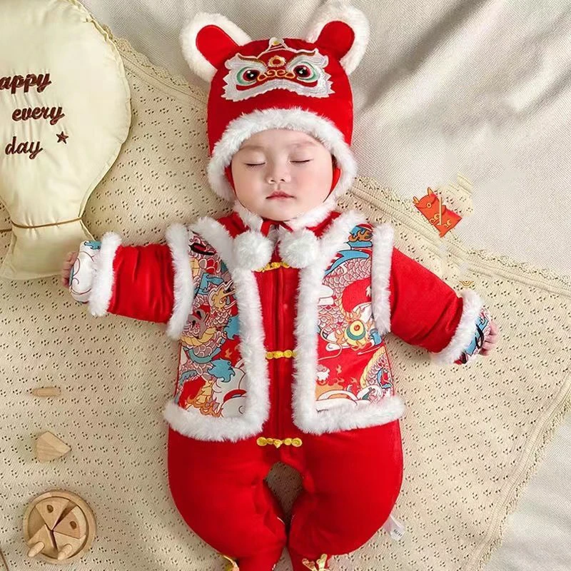 Chinese Dress Dragon Year Chinese Traditional Costume Hanfu Newborn Baby Boys Embroidery Red New Year Birthday Gift Christmas