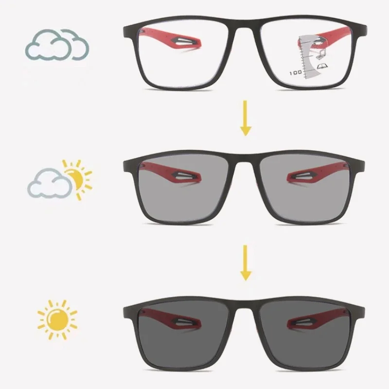 Reading Glasses New Trendy TR90 Photochromic Multifocal Reading Glasses 3 in 1 Outdoor Bifocal Sunglasses Sports Anti Blue Near Far Eyeglasses