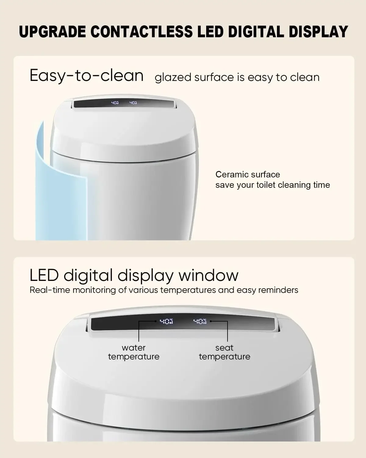 Luxury Smart Toilet with Warm Water Sprayer and Dryer Foot Sensor Operation Heated Bidet Seat Raised Tankless Toilet with LED 2