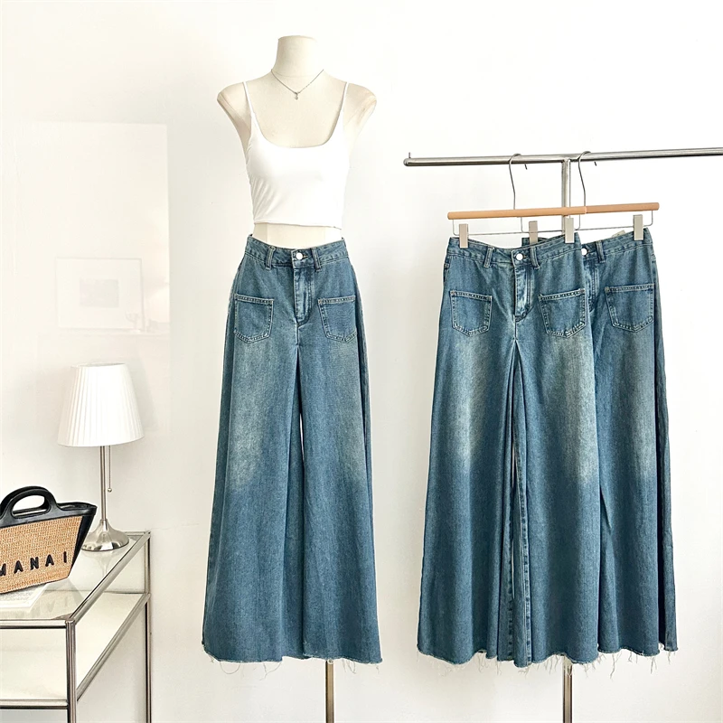 

Women's Vintage Blue High Waisted Wide Leg Jeans Street Retro Style Casual Denim Pants Female Straight Loose Trousers