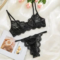 Sexy Strap Lace Perspective Fun Lingerie Set Women's Sweet Floral Lace Decor Bra and Panty Set Female French Style Intimates Set 4