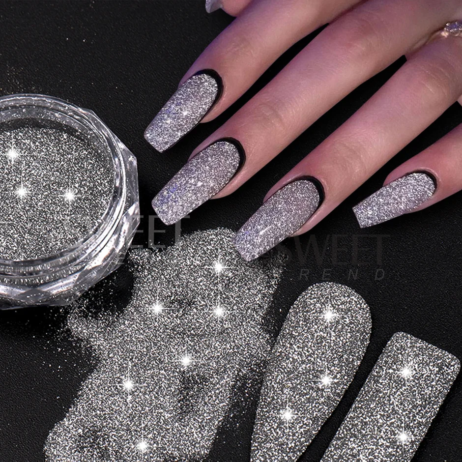 1 Box Reflective Silver Nail Powder Flash Disco Diamond Chrome Pigment Dipping Powder Nail Glitter Rhinestone Sequins SWS52