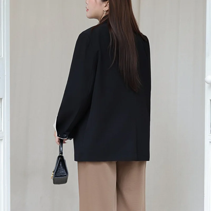 Plus Size Women's Blazer Premium Casual Black Texture Block Color Cuffs OL Micro Loose Double Breasted Tailored Suit Jacket