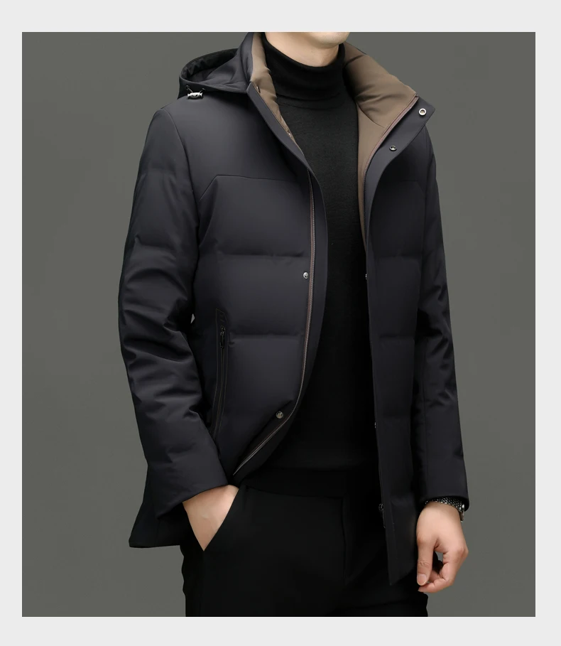 Lässige Winterjacke für Herren, warme Entendaunenjacke mit Kapuze, solide abnehmbare Mütze, Puffermantel, Oberbekleidung, lockere, winddichte, dicke, mittellange Parkas – Detail 13