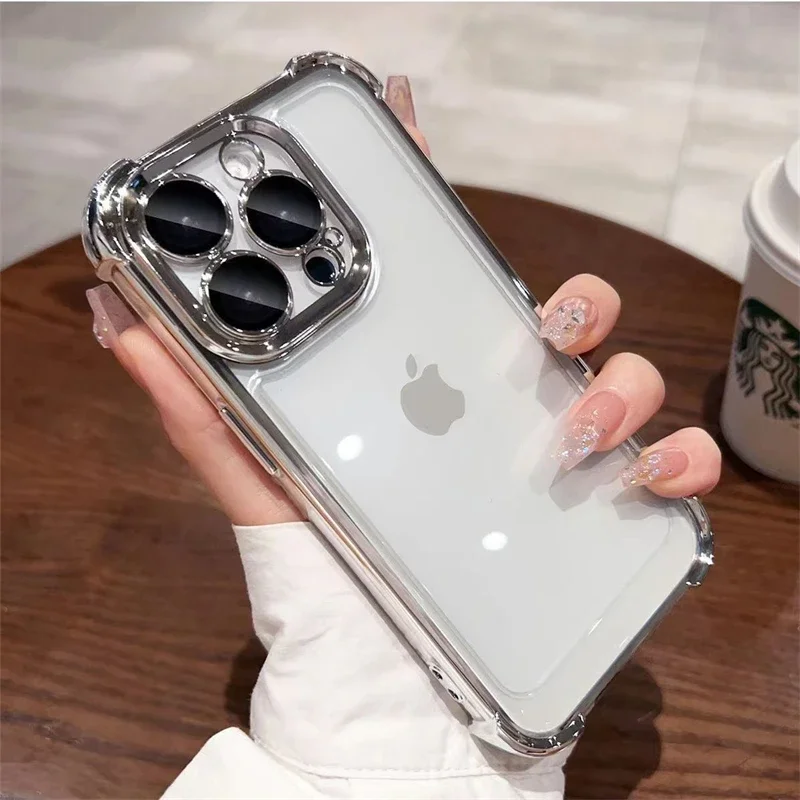 Luxury Plating Shockproof Silicone Phone Case with Lens Protection and Transparent Back Cover