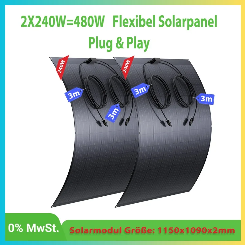 480W Solar Panel Set 2×240W Flexible Monocrystalline Panels, Ultra-Thin 2mm, IP67, for RV, Boat, Car, Camping