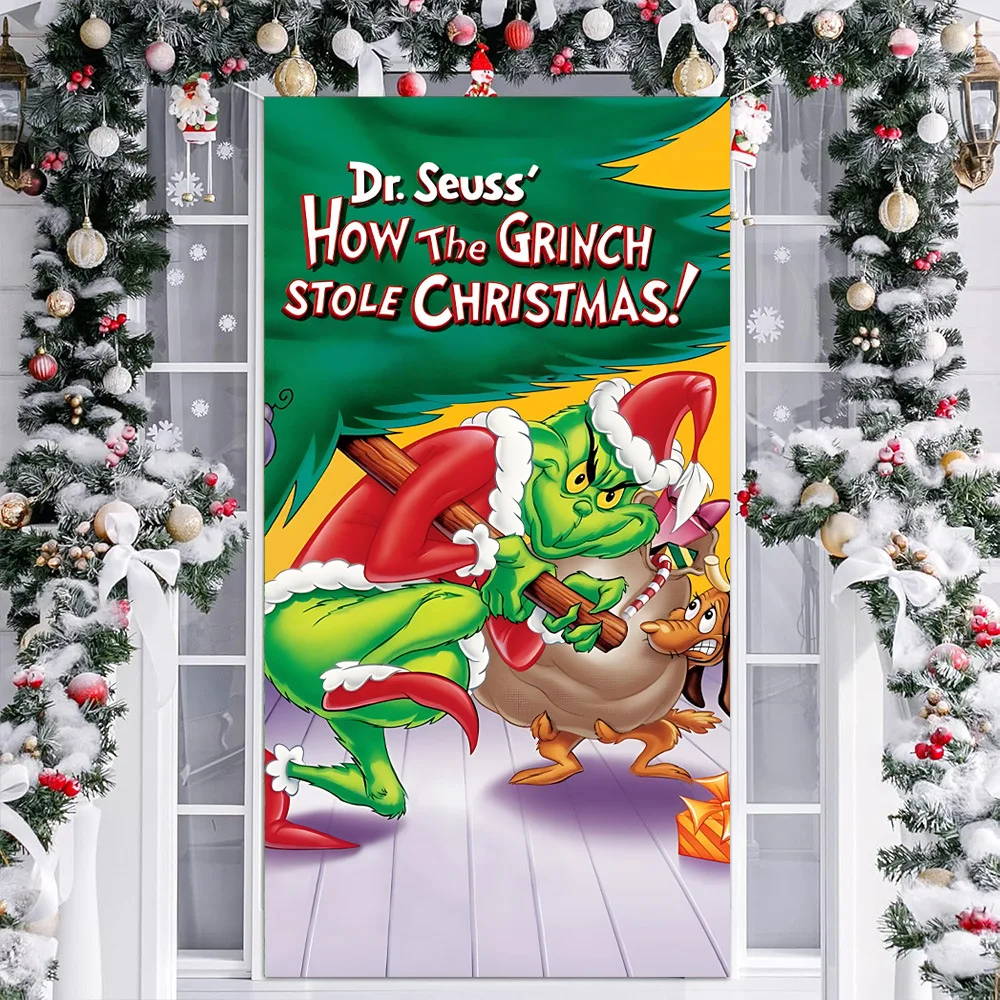 Weihnachts-Türvorhänge, grünes Haar, Monster, Partydekoration, grün-rote Türabdeckungen, festliche Hofbanner, Fotohintergrund – Detail 2