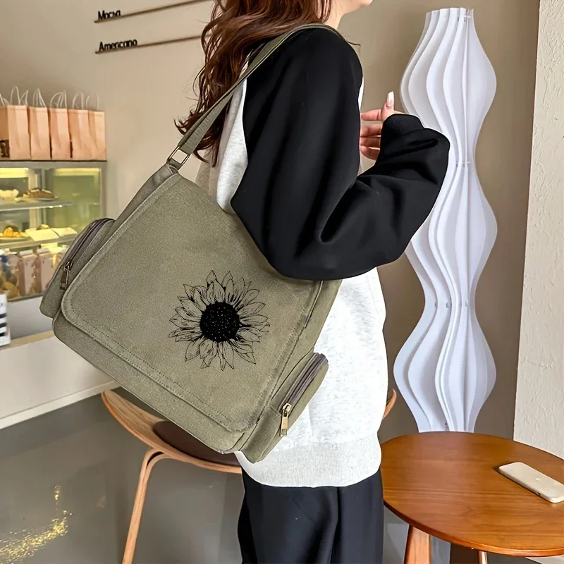 Vintage Women's Bag Sunflower Print Canvas Shoulder Bag Large Capacity Tote Crossbody Book Bag For Students Laptop Bag