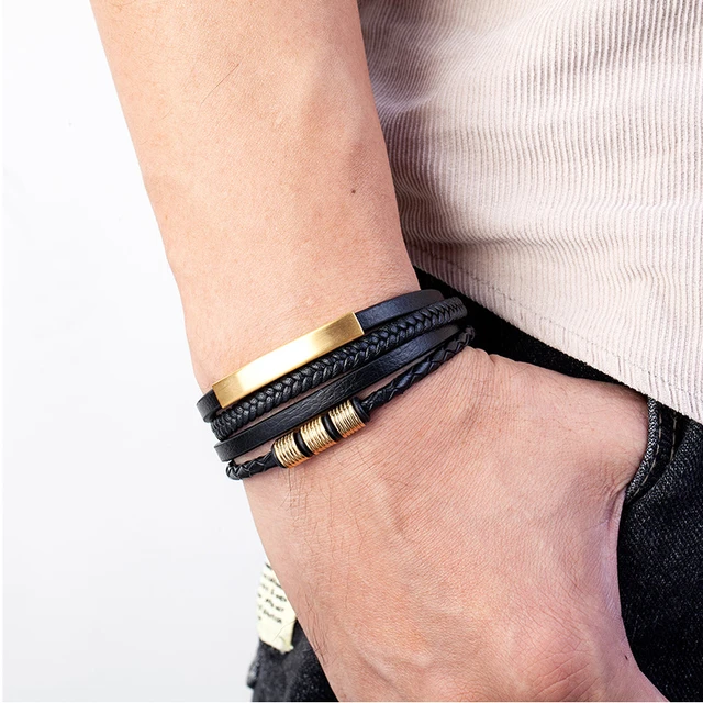 Combined Mens Bracelet İn Dark Blue-Brown Steel And Leather With Double  Straw Design Bracelet Tesbihane