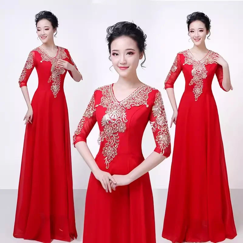 Embroidery Dress Female adult college choir conductor long Dress Solo Dress Middle-Aged and Elderly Female Clothing Dresses Red
