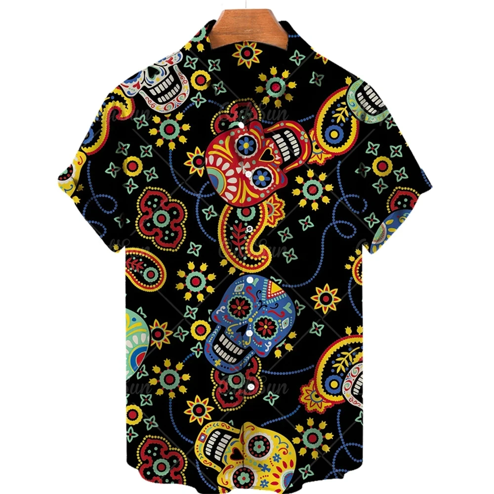 thumbnail image 1 of Camisa de manga corta para hombre, cómoda y transpirable, informal, con estampado 3D de calavera divertida, nueva de verano de 2024, con solapa y botones, talla grande, 1 of 5