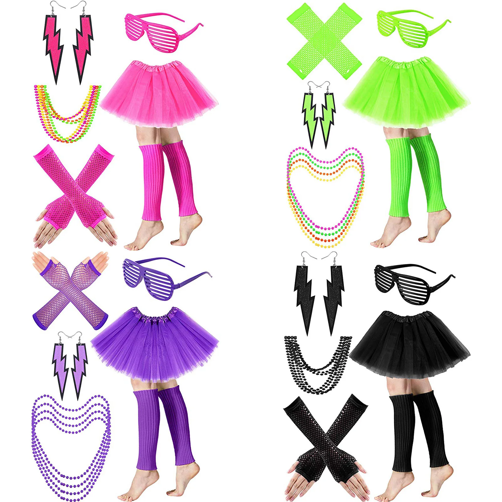 

80s Themed Outfits 80s Fancy Dress Costume Accessories Neon Necklace Blinds Glasses Earrings Fishnet Gloves Leg Warmers Tutu