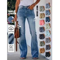 Women Stretch Denim Jeans Ladies Wide Leg Pants Ripped Hole Casual Full Length Long Pants 1