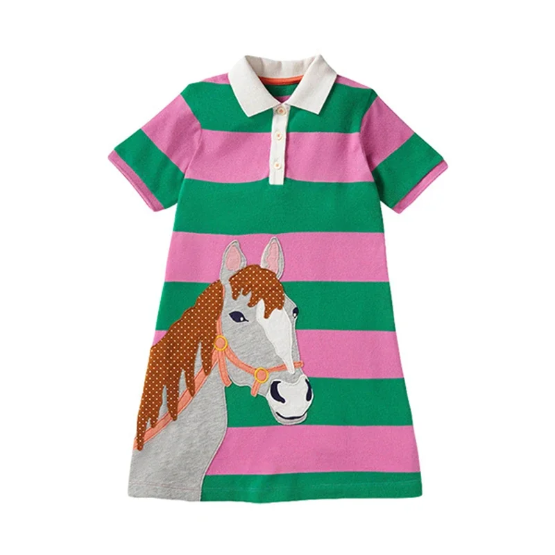 

2024 Baby Girls Summer Casual Dress with Lovely Horse Cotton Soft and Comfort Kids Clothes 2-8 Year