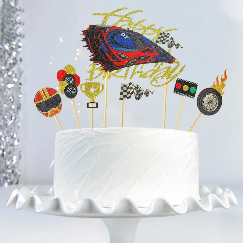 Racing Car Cake Toppers & Party Decorations - Wheel & Flag Theme For Boy's Birthday