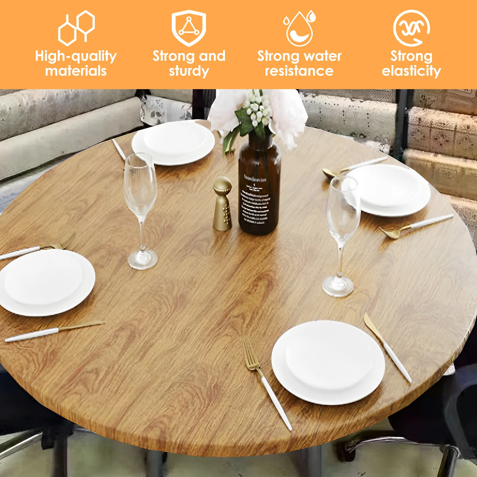 Round Tablecloth Wood Texture Tablecloths Elastic Fitted Home Round Table Cover Waterproof Oil-Proof Reusable Tablecloths 2